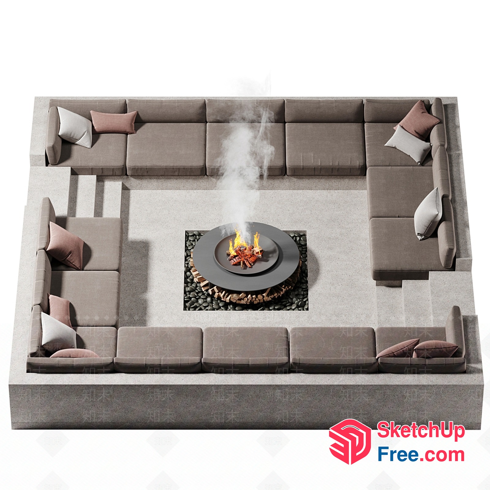 Large Outdoor Firepit And L-Shaped Sofa Seating Arrangement 3D SketchUp File