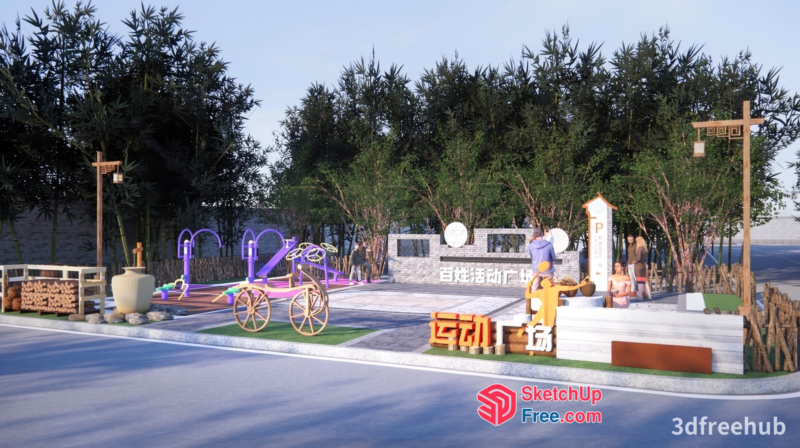 Asian-Inspired Outdoor Space With Play Area And Seating 3D SketchUp File