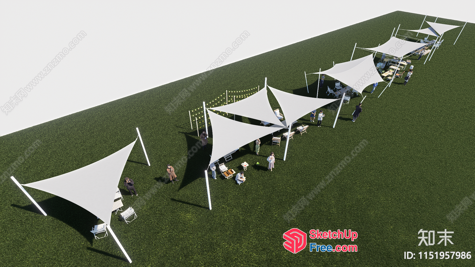 Outdoor Furniture Collection With White Canopies And Green Grass 3D SketchUp File