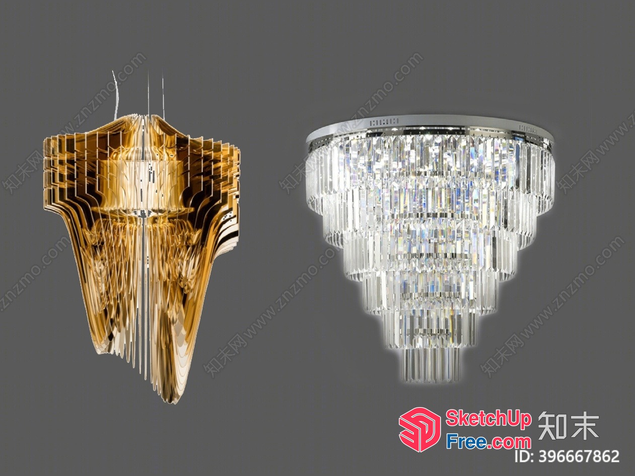 Crystal Chandeliers And Gold Decorative Light Fixture 3D SketchUp File