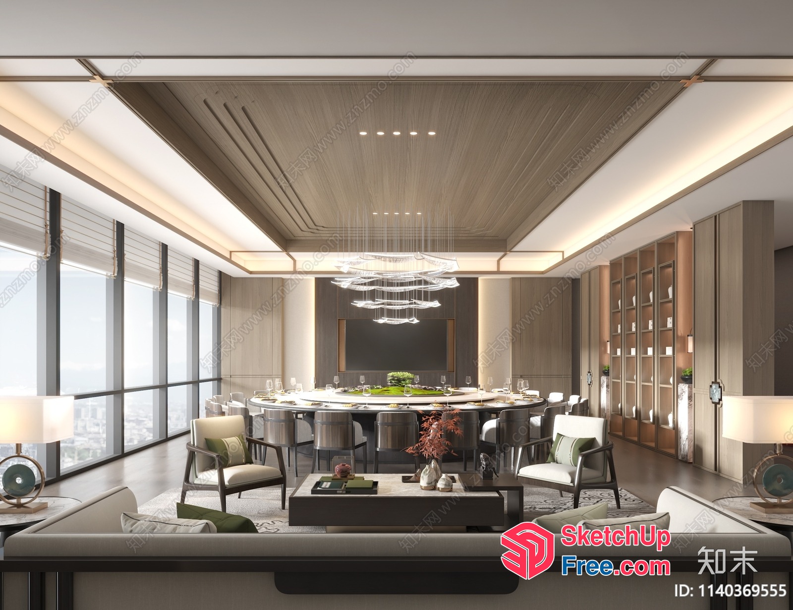 Modern Luxury Dining Room With Elegant Chandelier And City View 3D SketchUp File