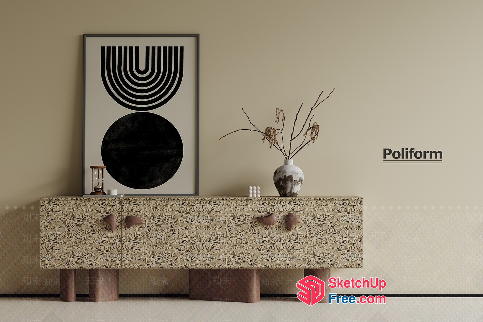 Poliform Sideboard With Carved Design And Wooden Legs 3D SketchUp File