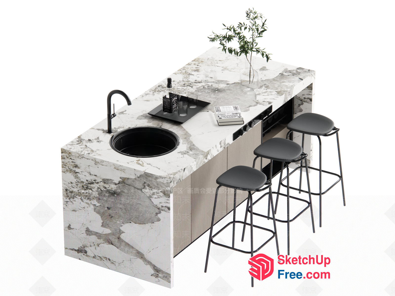 Modern Minimalist Marble Kitchen Island With Sink And Stools 3D SketchUp File