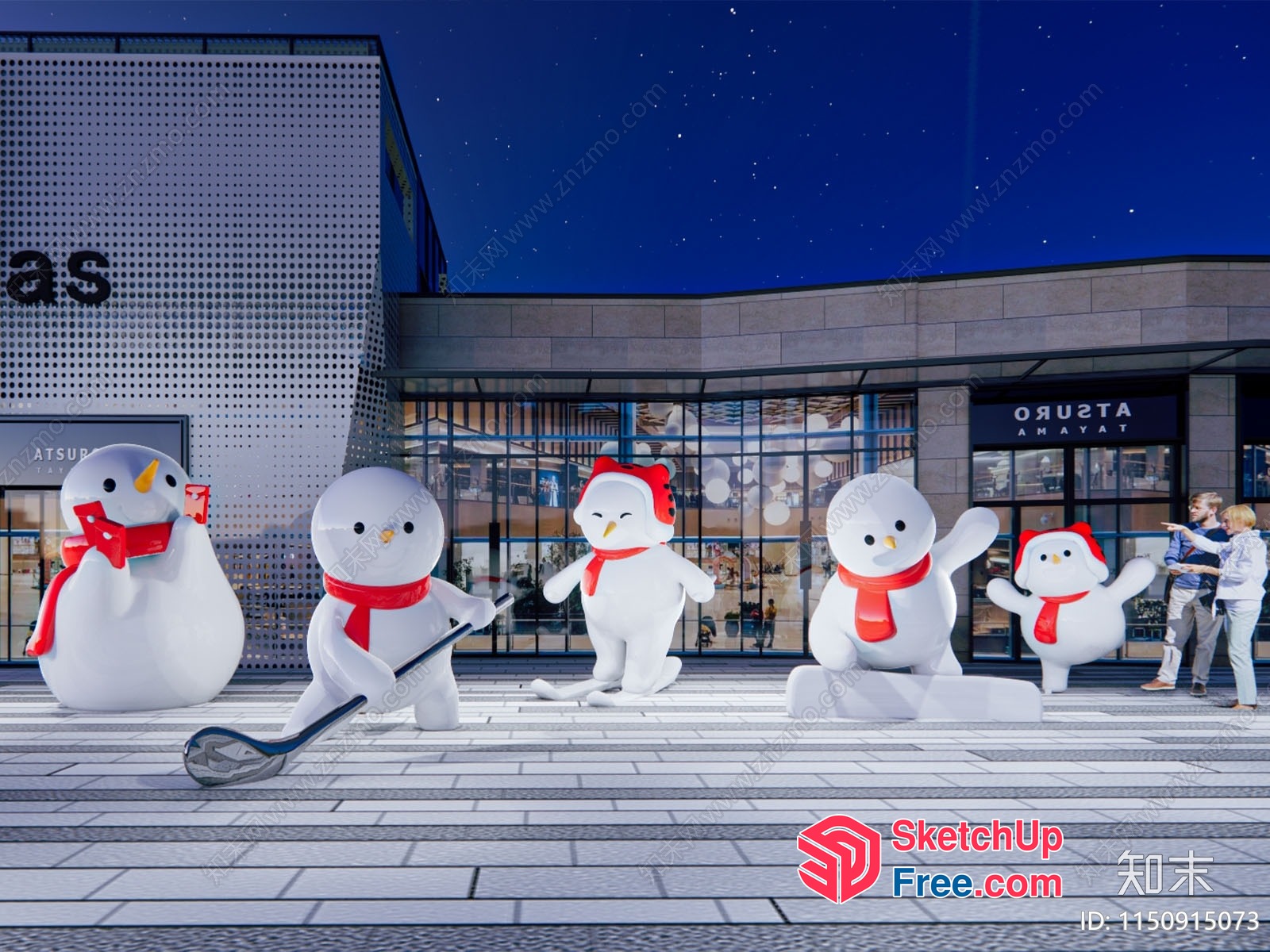 Snowmen Playing Hockey In Front Of A Commercial Street 3D SketchUp File