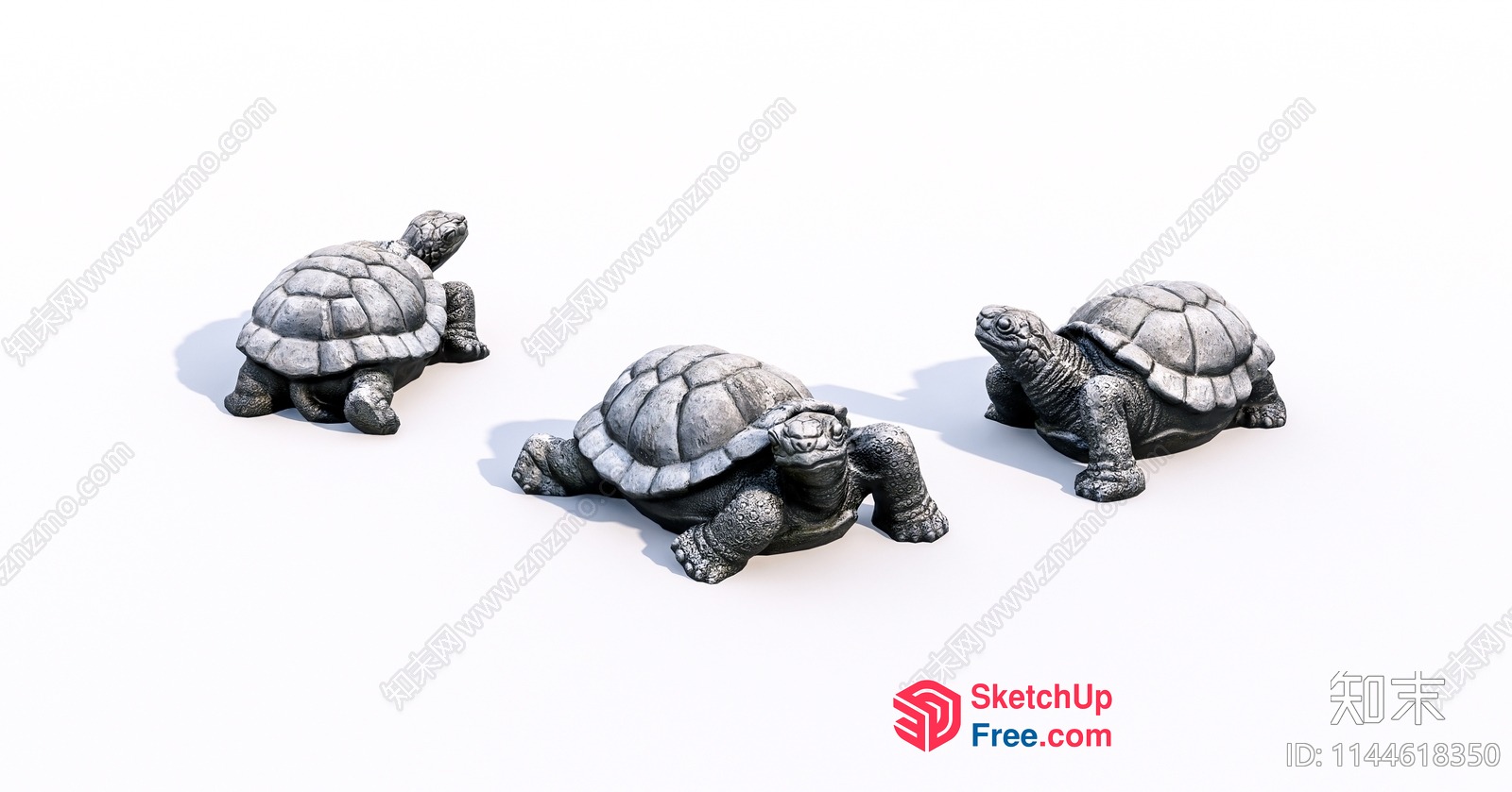 Three Stone Turtle Sculptures On Plain White Background 3D SketchUp File