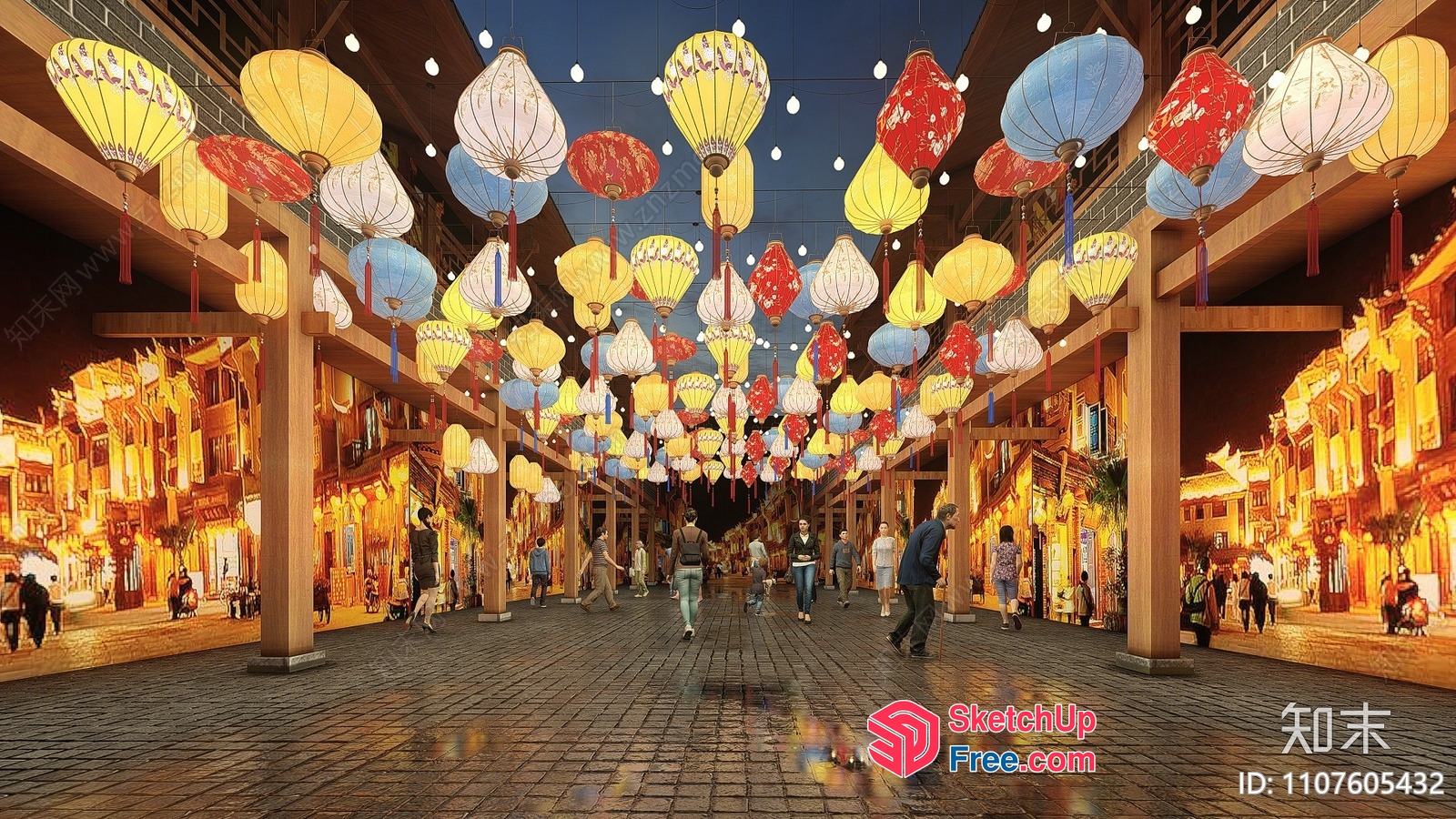 Colorful Lanterns Adorning A Bustling Commercial Street 3D SketchUp File
