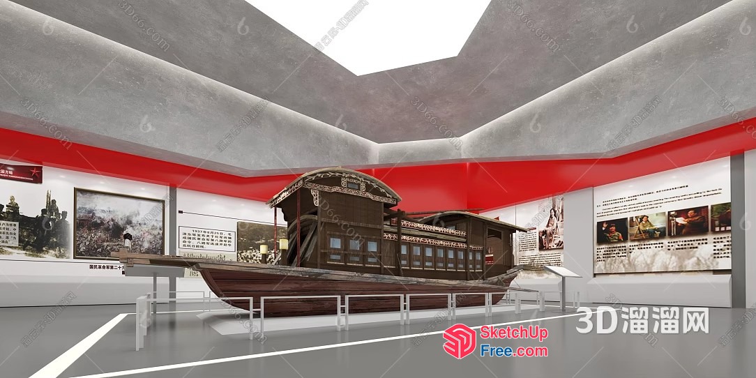 Antique Chinese Boat In A Modern Museum Setting 3D SketchUp File