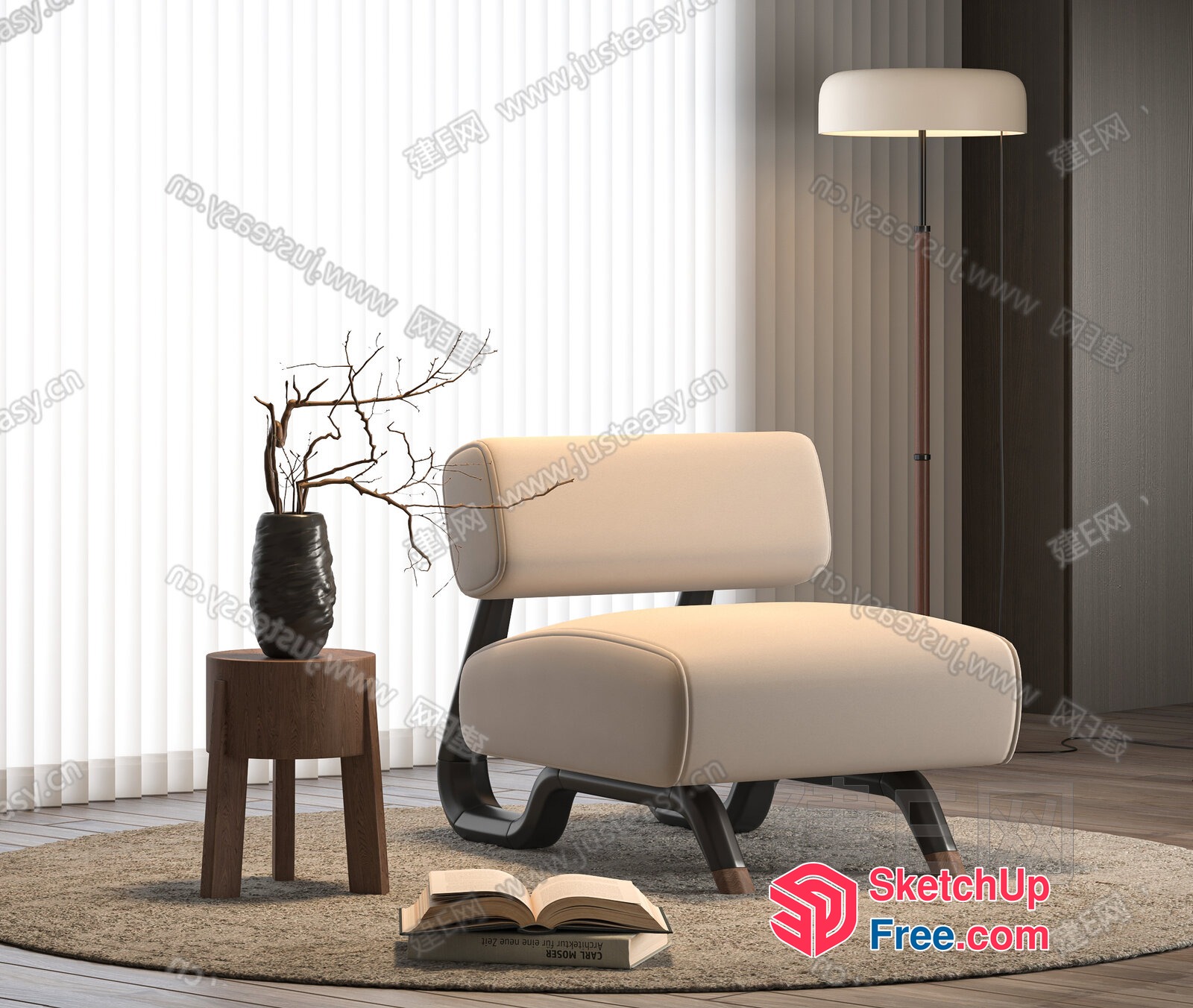 Modern Creamy Style Reading Corner With Natural Elements 3D SketchUp File
