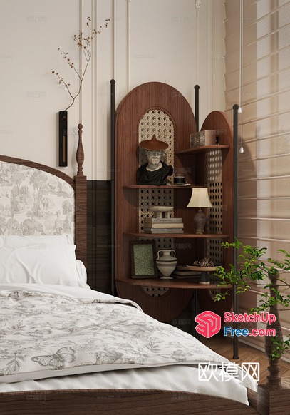 Elegant Bedroom With Distinctive Shelf And Bed Head 3D SketchUp File