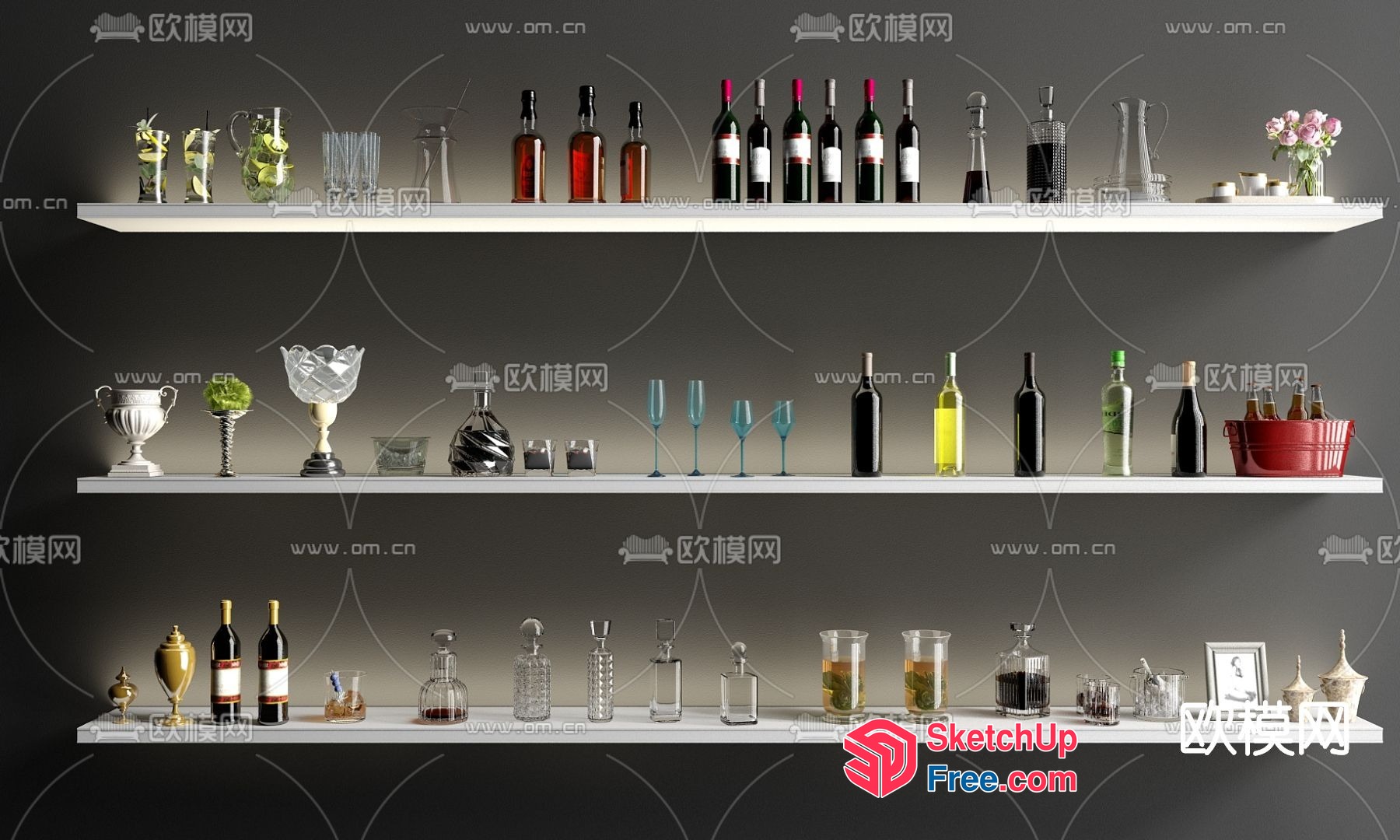 Modern White Shelves With Various Bottles And Glasses 3D SketchUp File