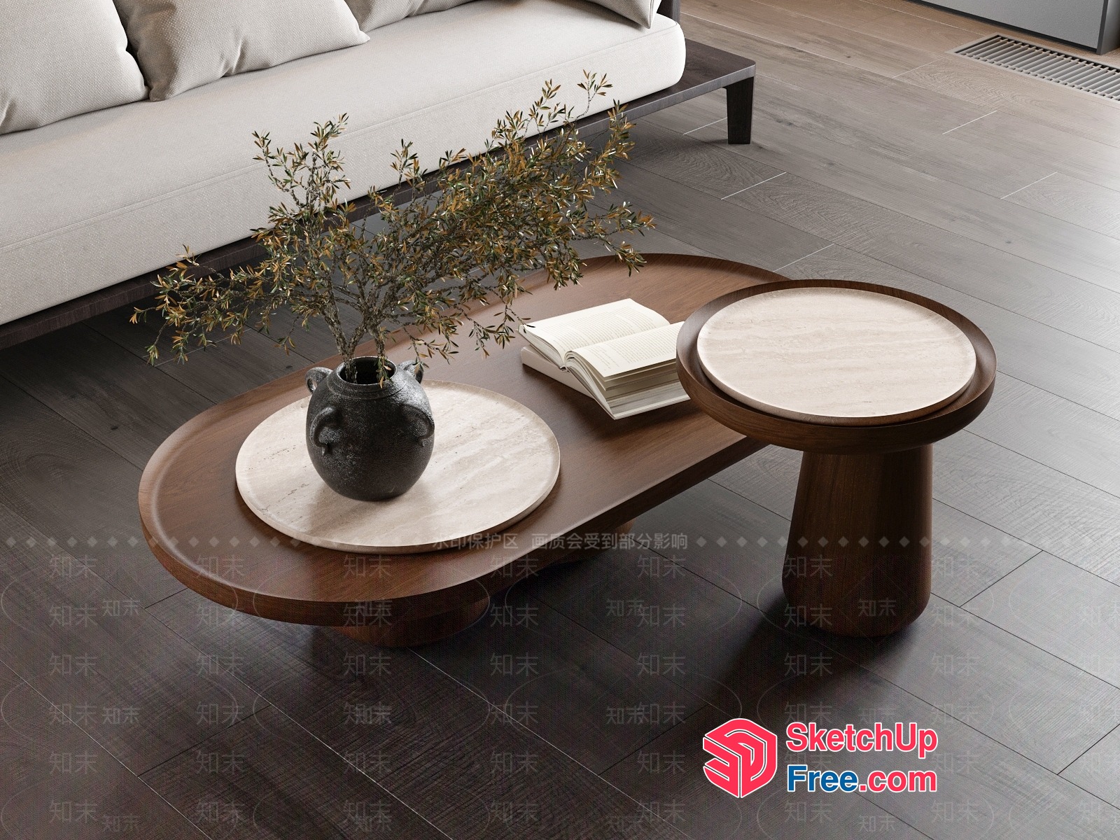 Modern Living Room With Dark Wood Coffee Table And Stool 3D SketchUp File