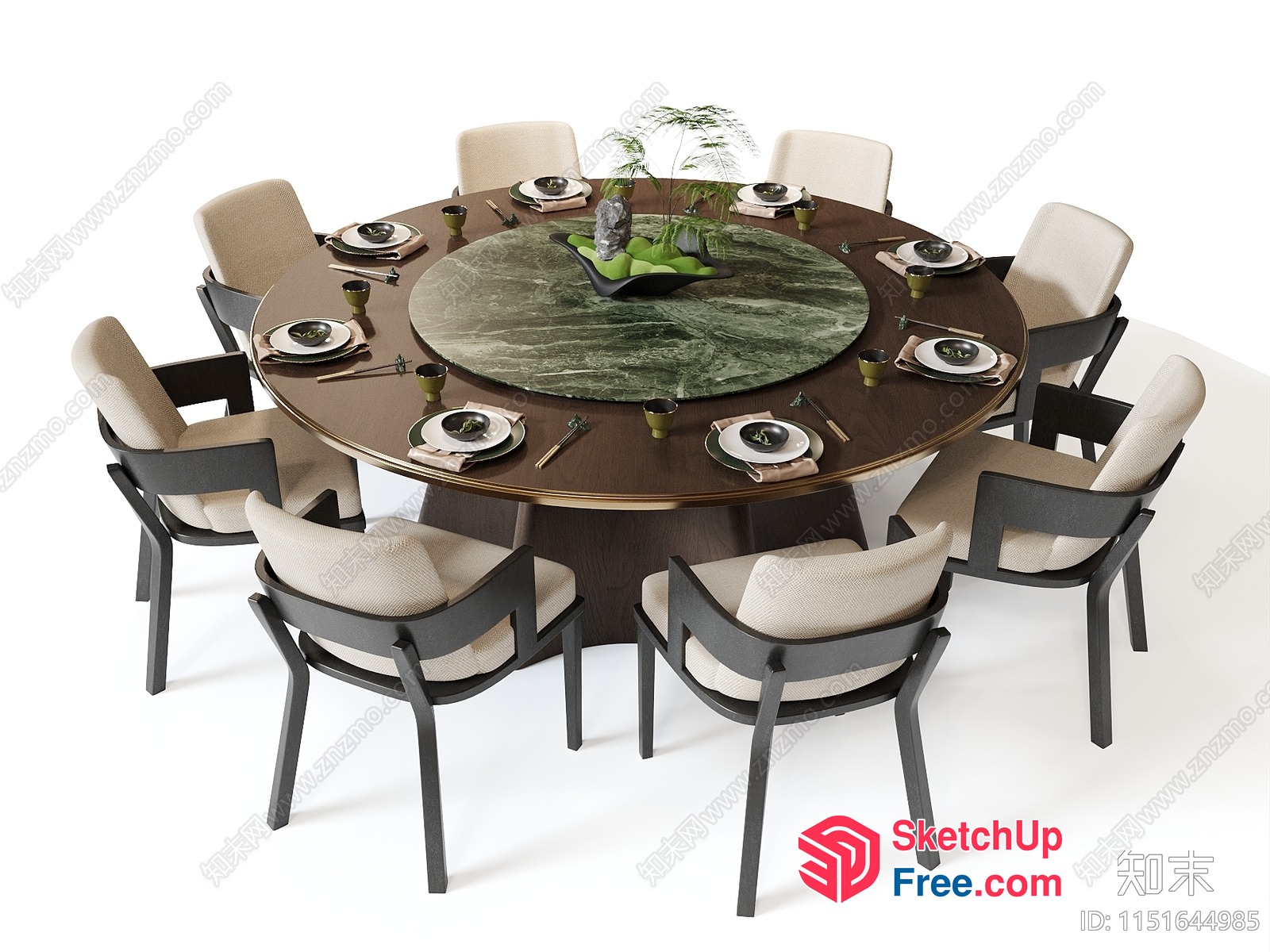 Round Table With Marble Center And Eight Chairs 3D SketchUp File