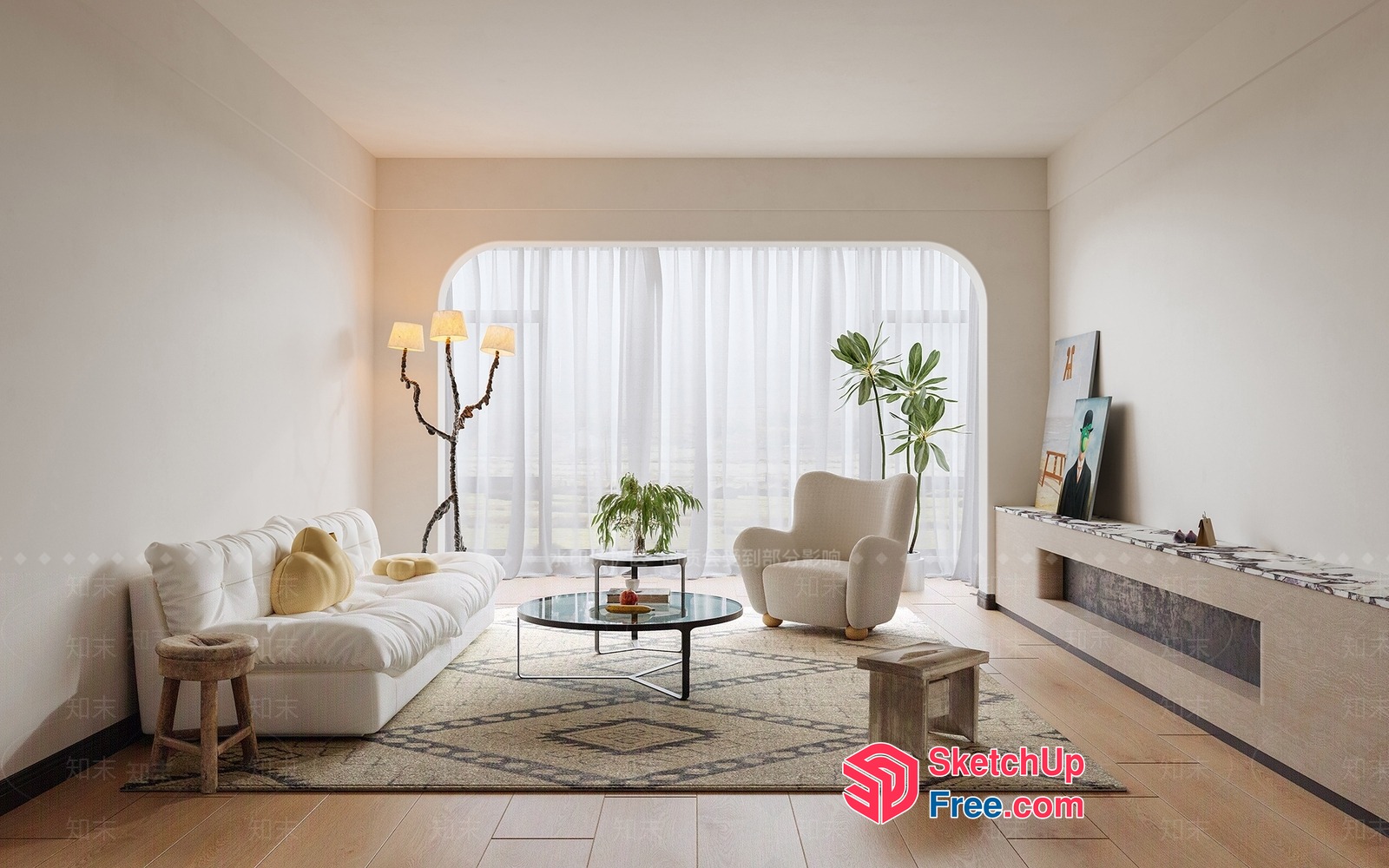 Elegant Living Room With White Sofa And Natural Wood Accents 3D SketchUp File