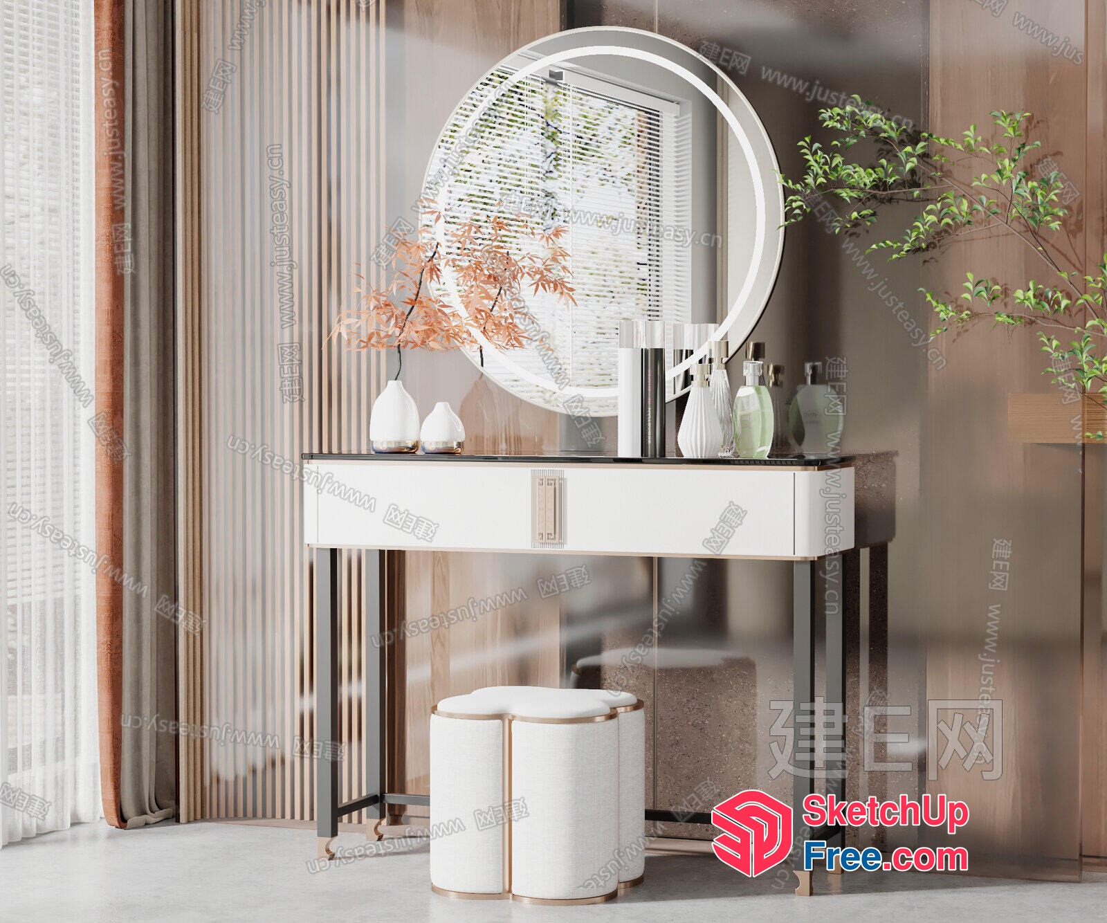 Elegant Modern Dressing Table With Round Mirror And Stool 3D SketchUp File