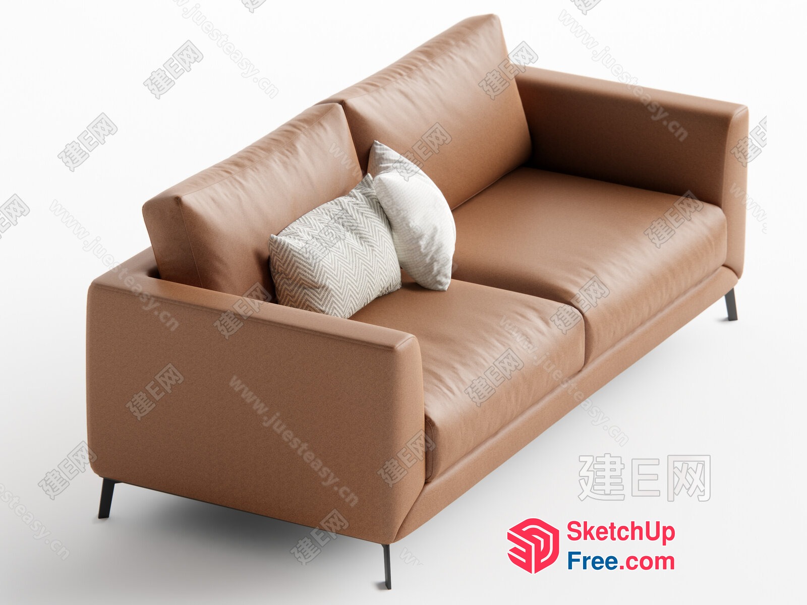 Minimalist Modern Brown Leather Sofa With Pillows 3D SketchUp File
