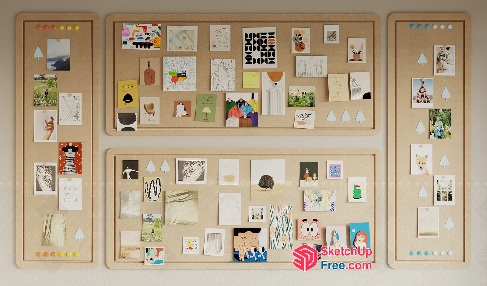 Aesthetic Wooden Bulletin Board With Eclectic Decor 3D SketchUp File