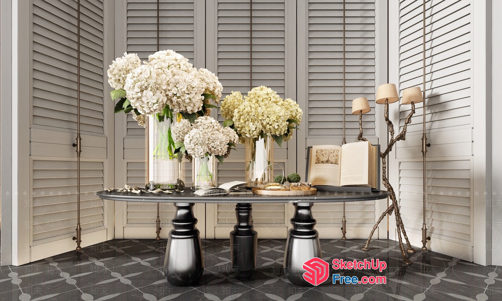 Elegant White Hydrangeas And Black Console Table 3D SketchUp File