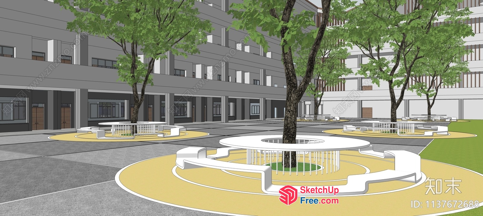 Modern Outdoor Courtyard With Trees And Seating 3D SketchUp File
