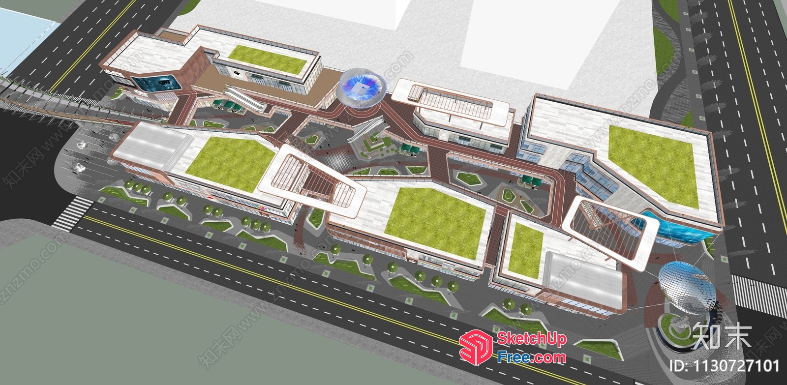 Modern Commercial Street With Shopping Mall And Office Buildings 3D SketchUp File