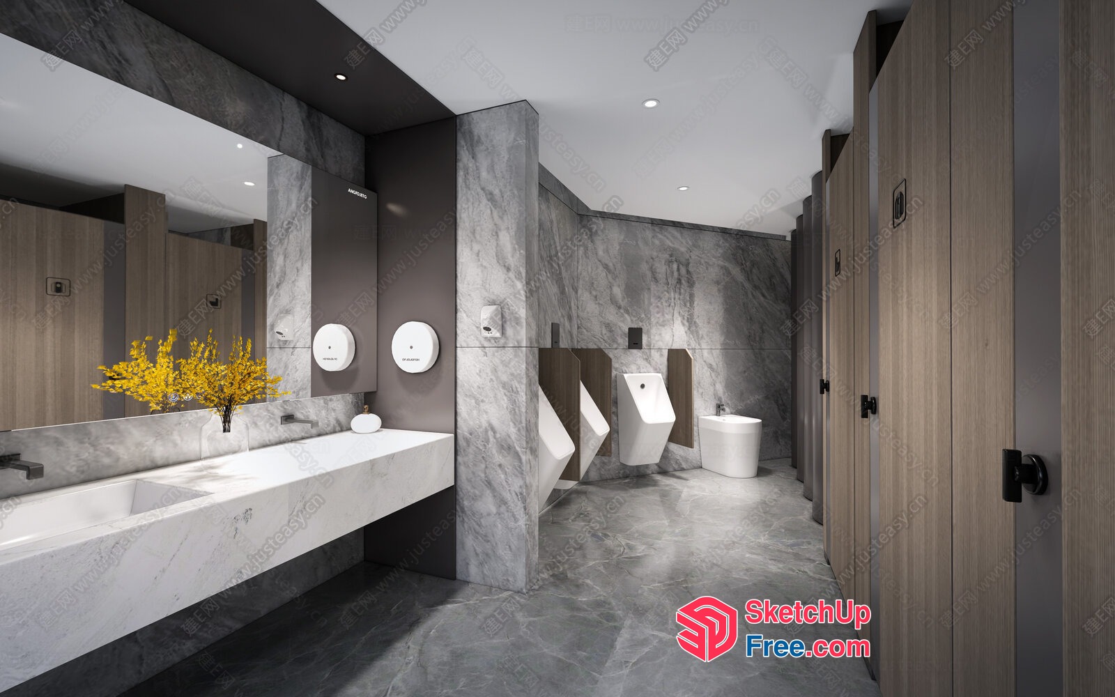 Modern Bathroom With Sleek Marble Accents And Functional Urinals 3D SketchUp File