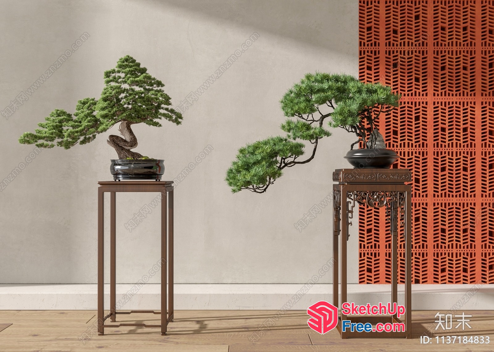 Elegant Traditional Japanese Bonsai Trees On Ornate Stands 3D SketchUp File