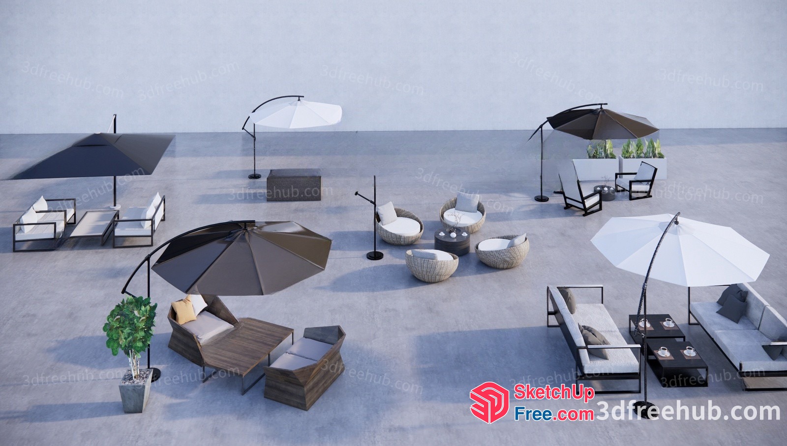 Outdoor Furniture Collection With Umbrellas And Plant 3D SketchUp File