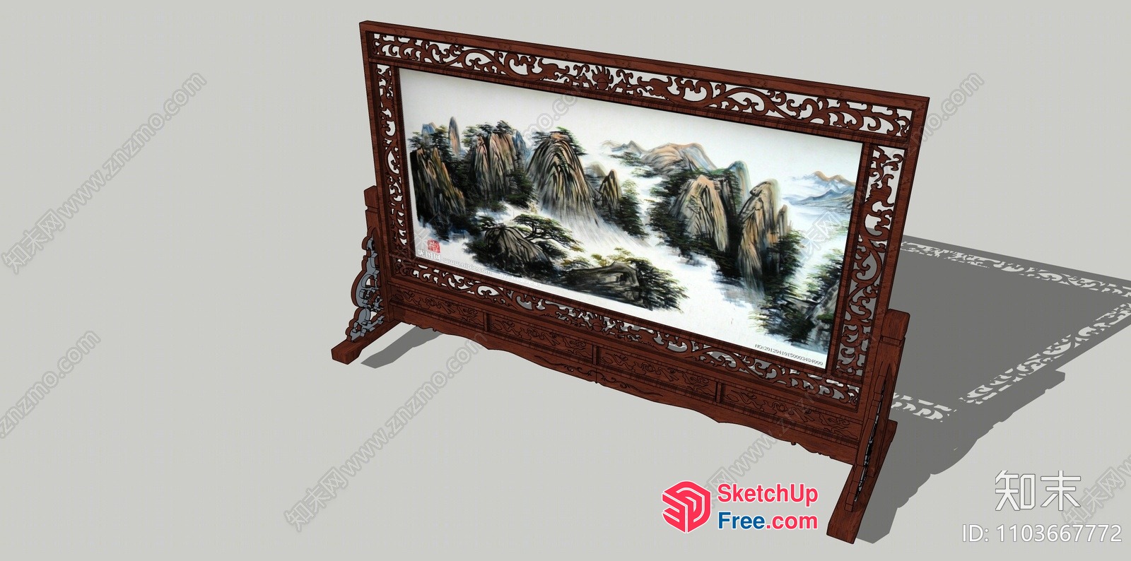 Traditional Asian Landscape Painting On Ornate Wooden Stand 3D SketchUp File