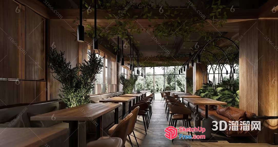 Cozy Modern Restaurant With Natural Light And Plants 3D SketchUp File