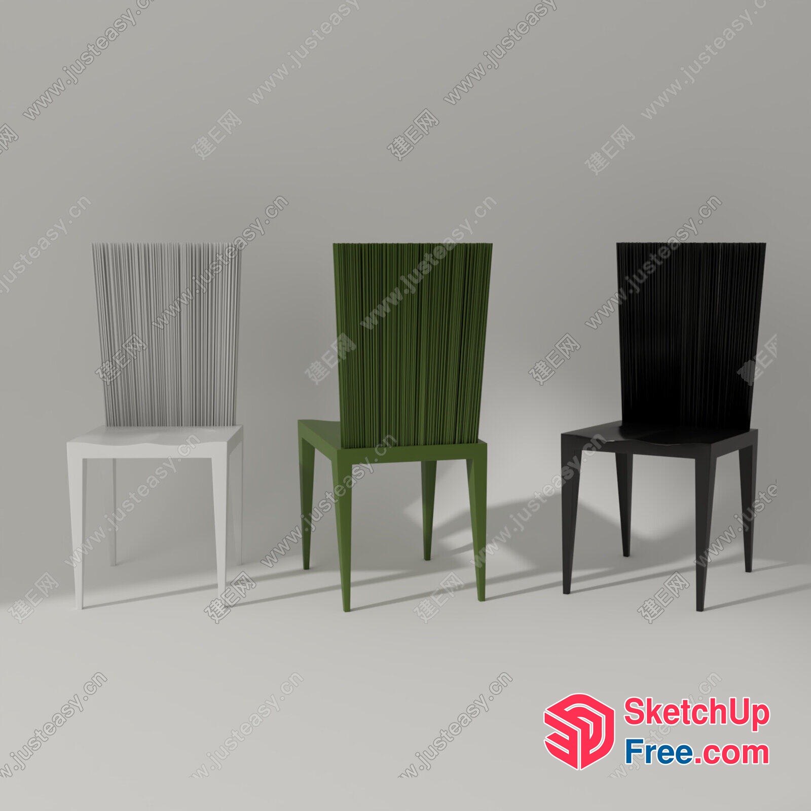 Three Modern Chairs In White, Green, And Black 3D SketchUp File