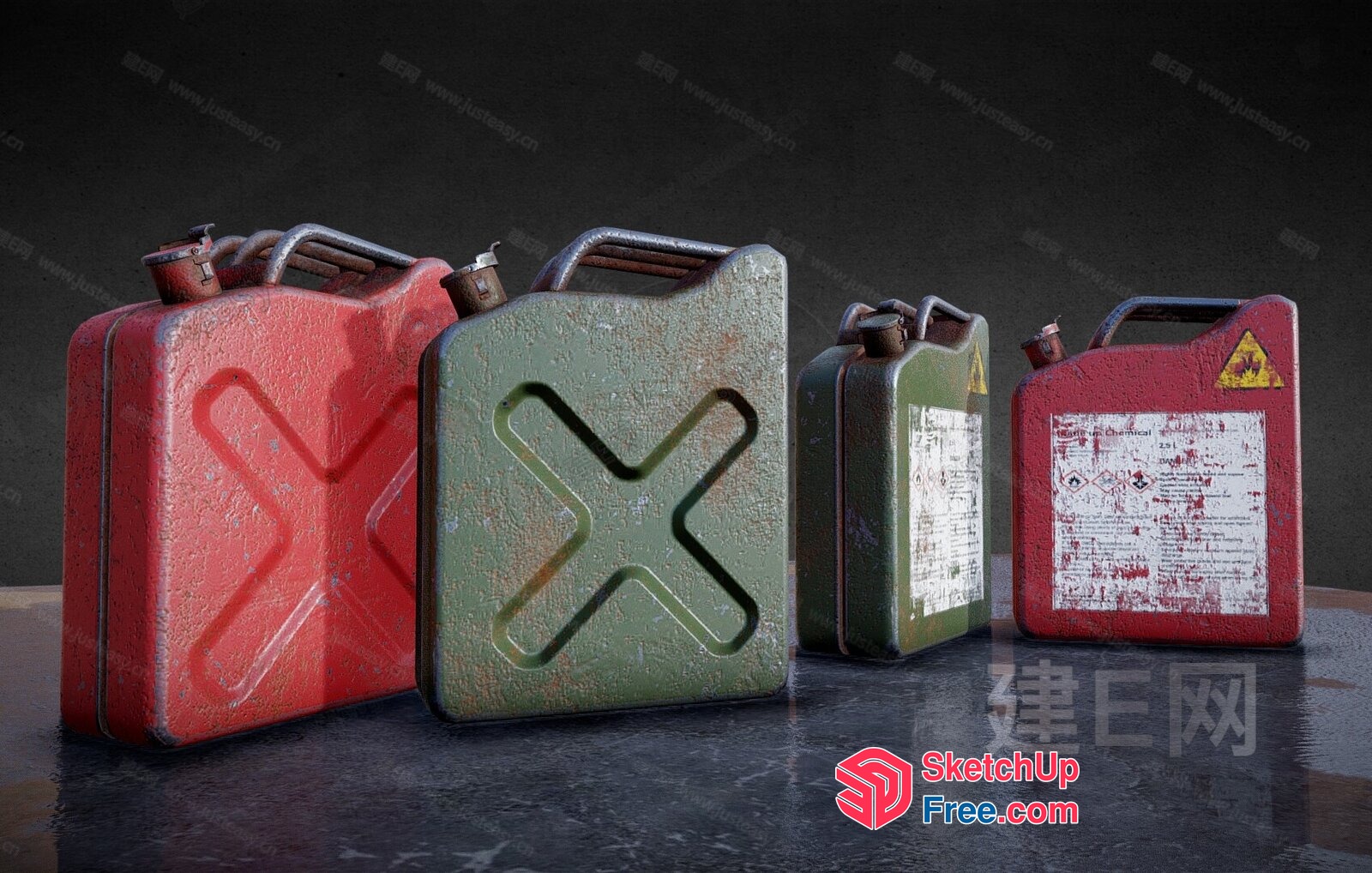Weathered Metal Jerrycans In A Row 3D SketchUp File