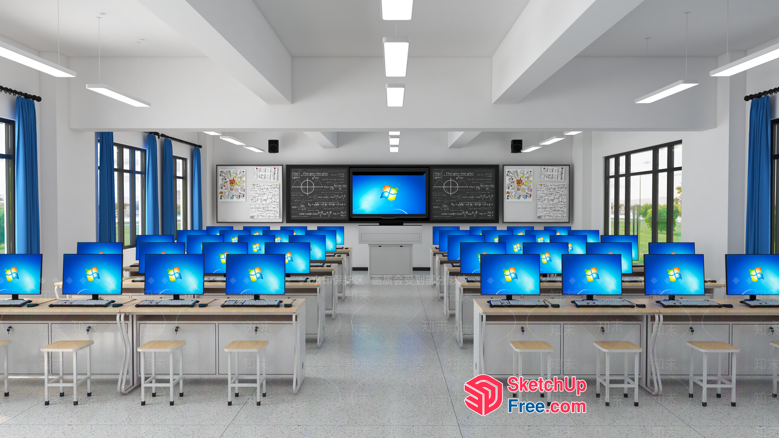 Computer Workstations In A Well-Lit Classroom 3D SketchUp File