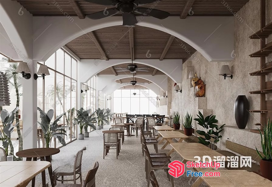 Elegant Interior With Tropical Plants And Arched Ceiling 3D SketchUp File