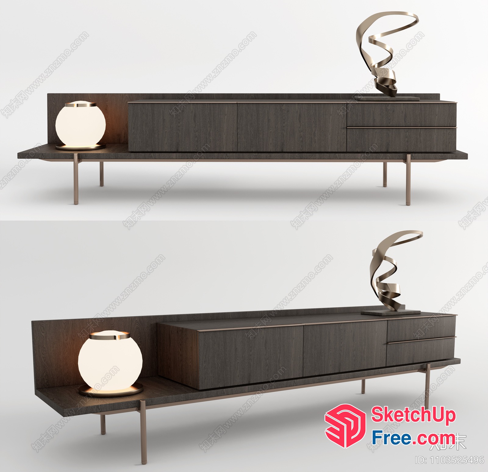 Modern Dark Wood Sideboard With Sleek Lamp And Sculpture 3D SketchUp File