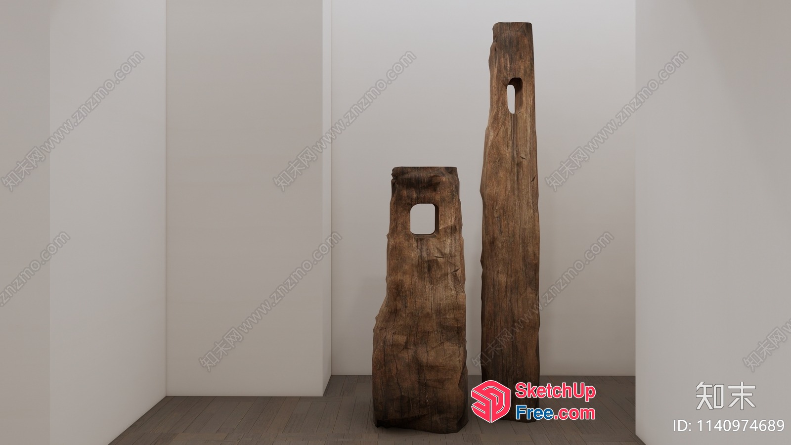 Two Wooden Pillars In A Minimalist Room Setting 3D SketchUp File