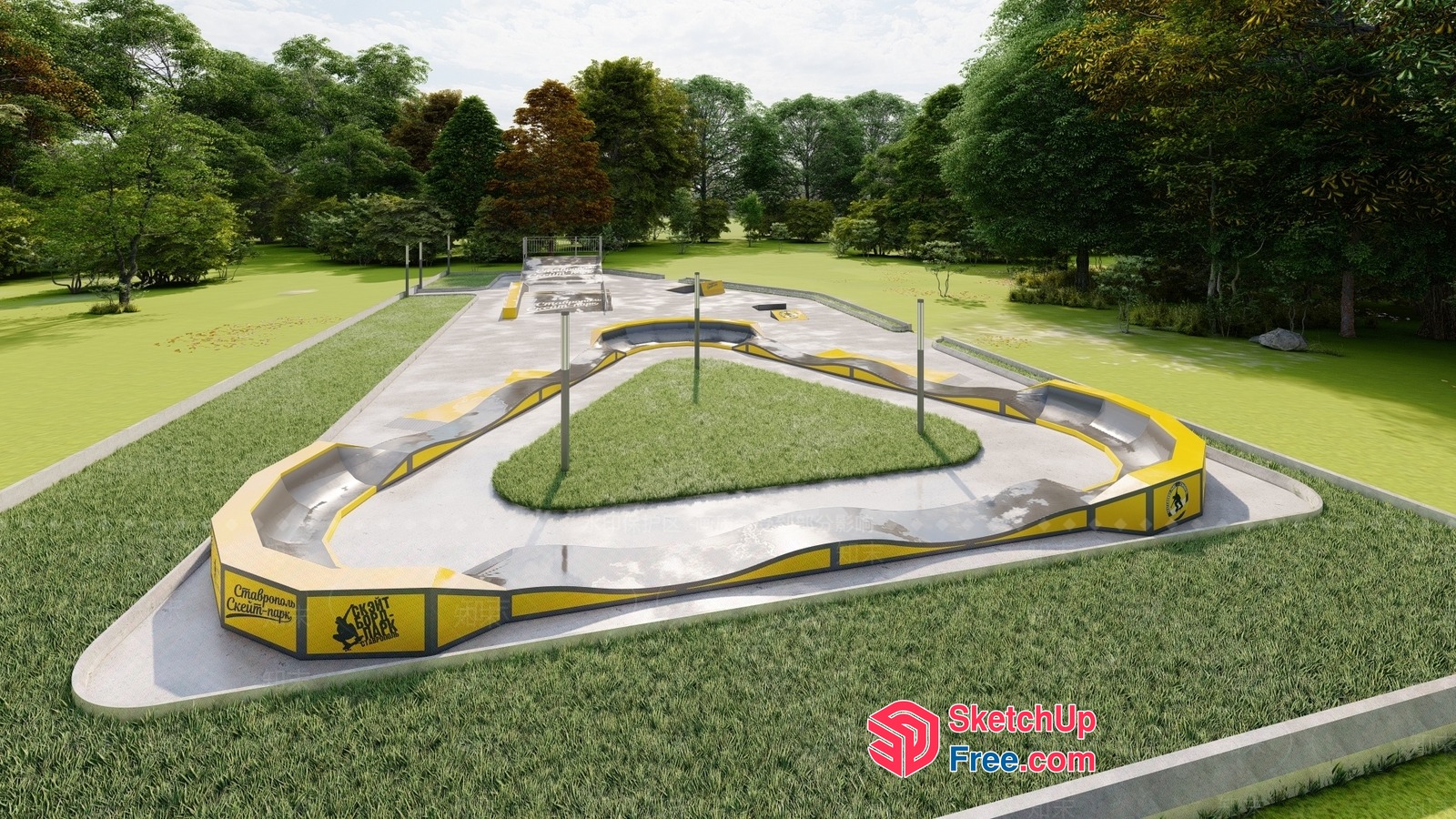 Curved Concrete Skate Park With Yellow Railings And Green Grass 3D SketchUp File