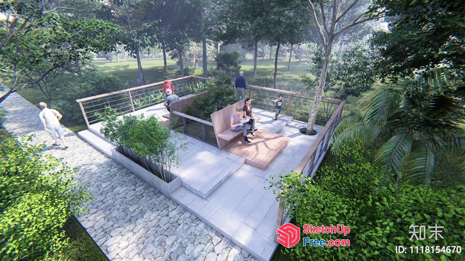 Outdoor Seating Area With Railing And Potted Plants 3D SketchUp File