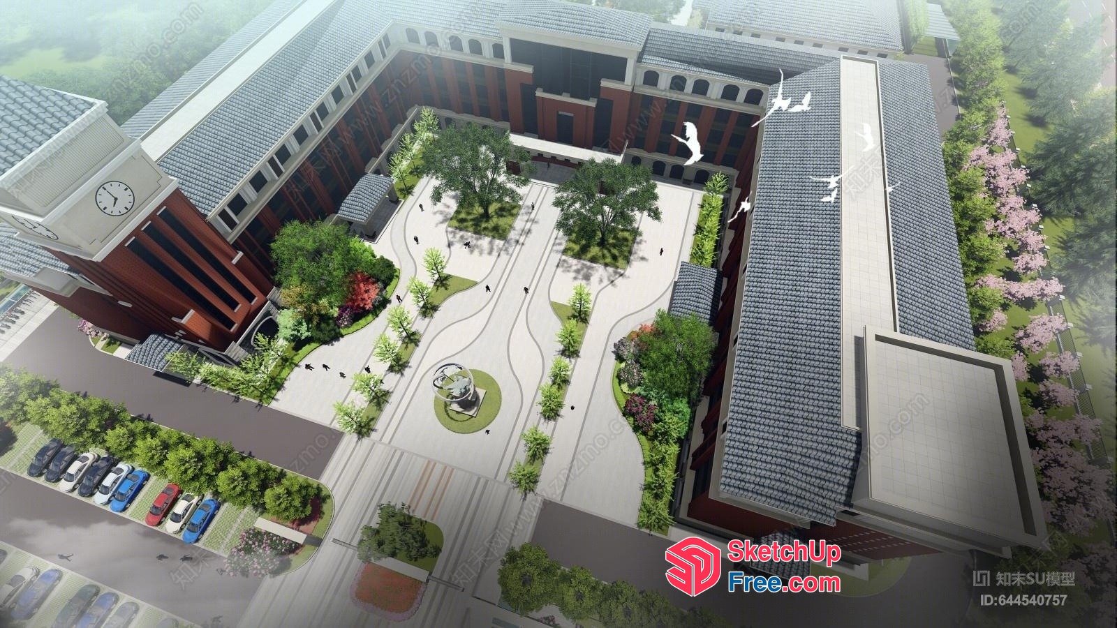 Modern European Style Building With Clock Tower 3D SketchUp File