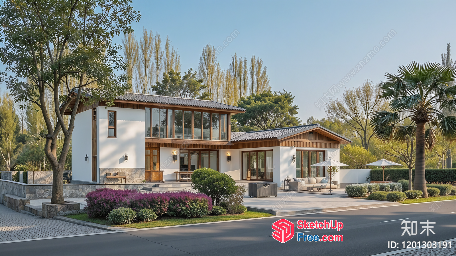 Modern Asian-Style Home With Tropical Landscaping 3D SketchUp File