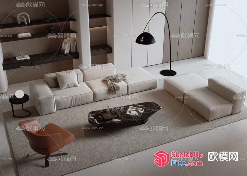 Modern Minimalist Living Room With White And Brown Accents 3D SketchUp File