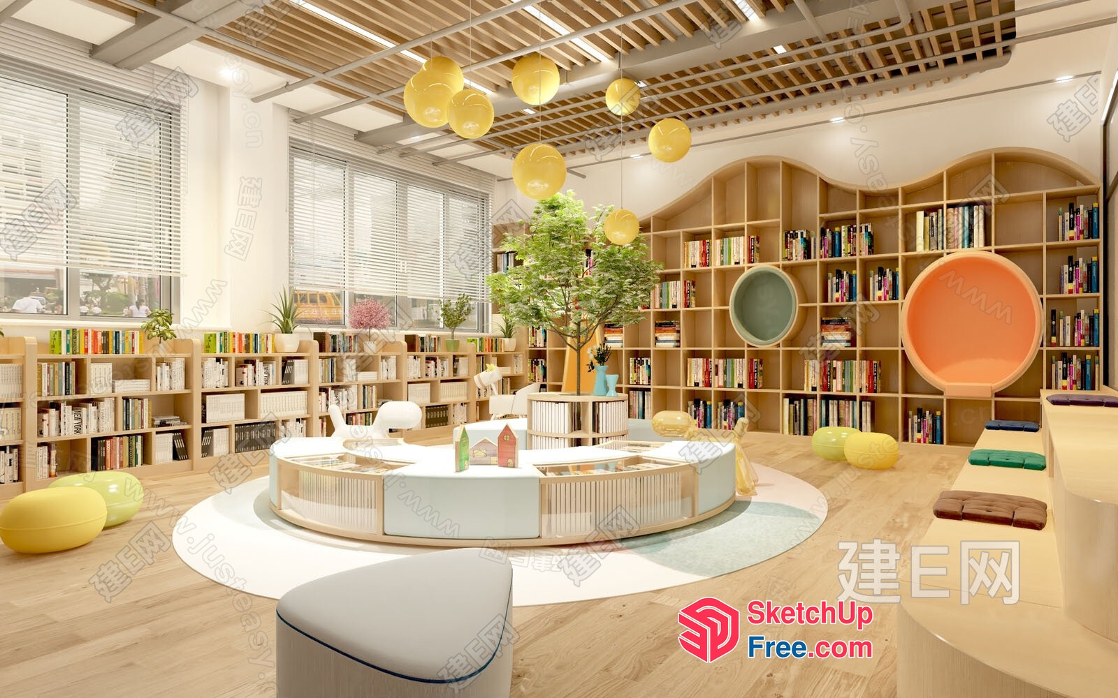 Modern Library Interior With Circular Seating And Bookshelves 3D SketchUp File