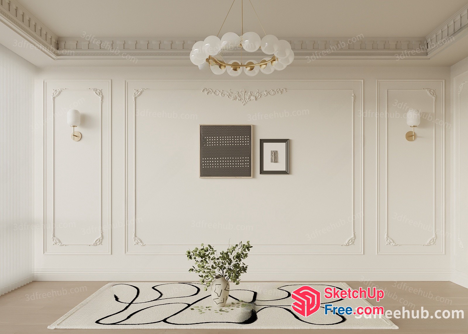 Classic White Interior With Carved Wall And Ceiling Details 3D SketchUp File