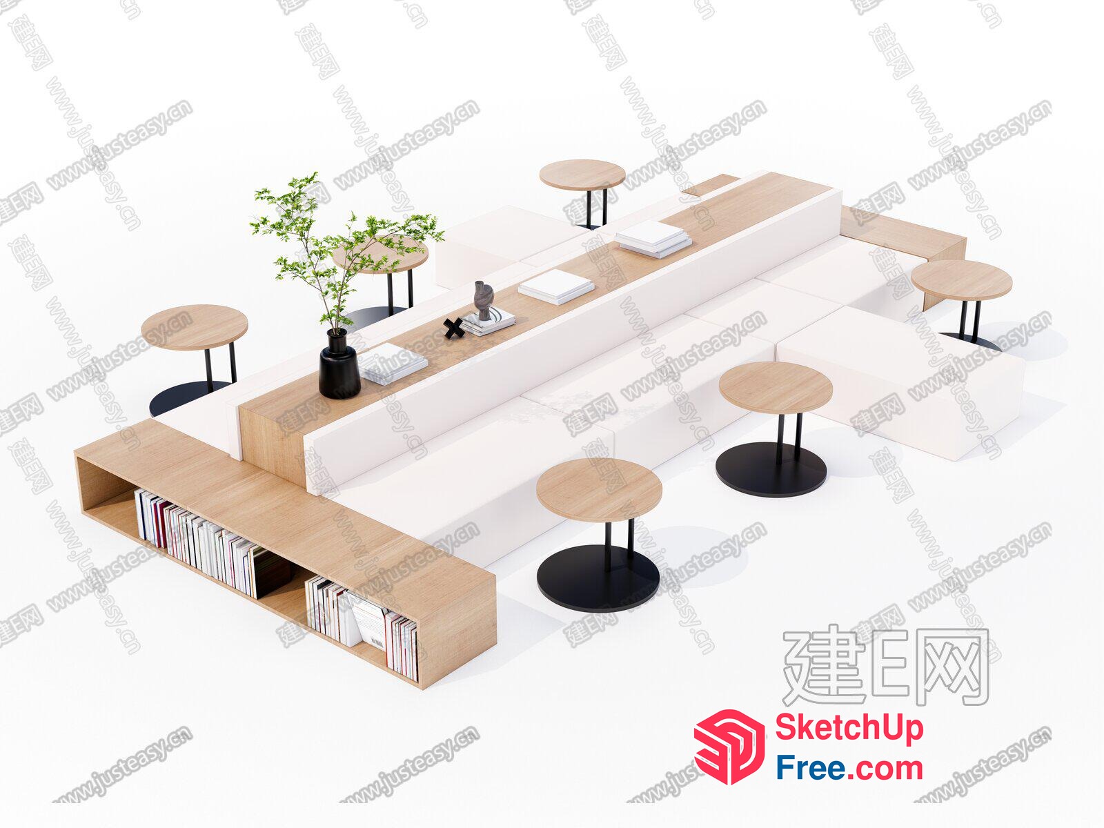 Modern Minimalist Living Room Furniture Set With Bookcase And Tables 3D SketchUp File