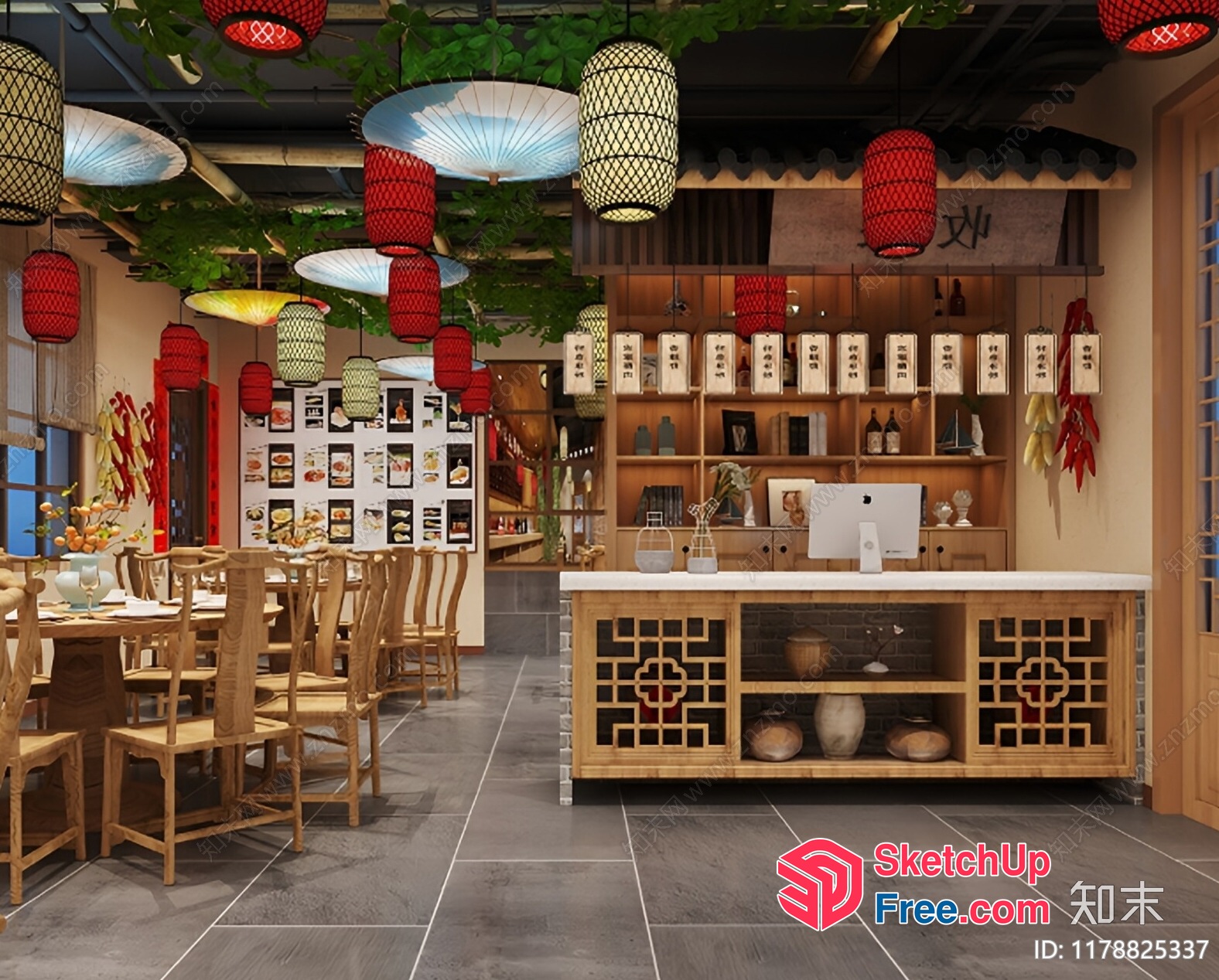 Asian-Inspired Restaurant Interior With Traditional Decor 3D SketchUp File