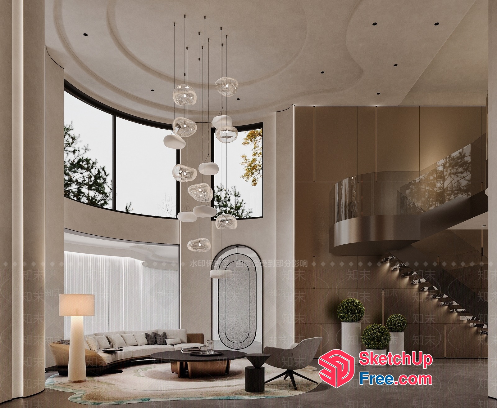 Elegant Modern Living Room With Curved Ceiling And Staircase 3D SketchUp File