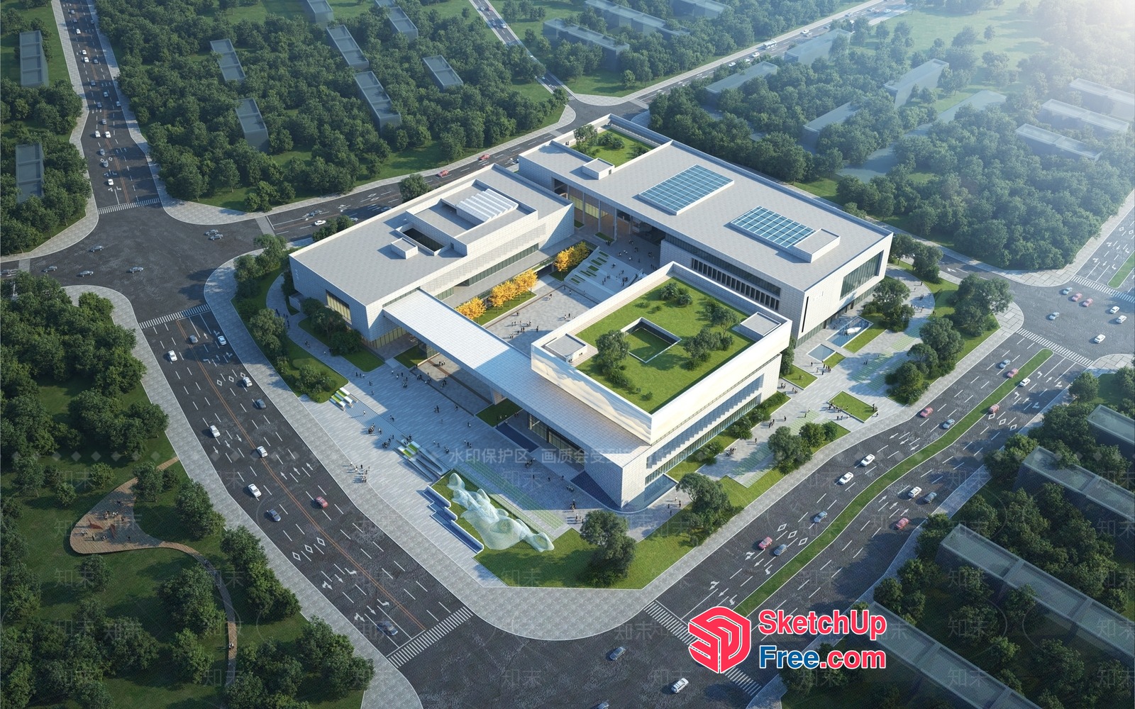 Modern Commercial Building With Parking Lot And Green Spaces 3D SketchUp File