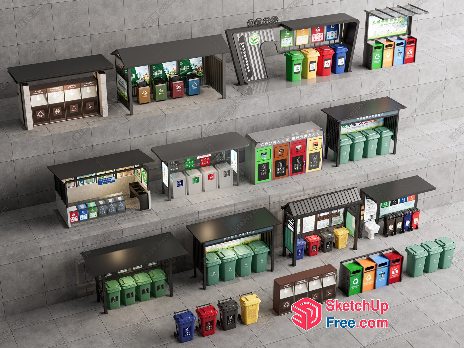 Colorful Trash Cans And Recycling Bins In A Well-Organized Outdoor Setting 3D SketchUp File