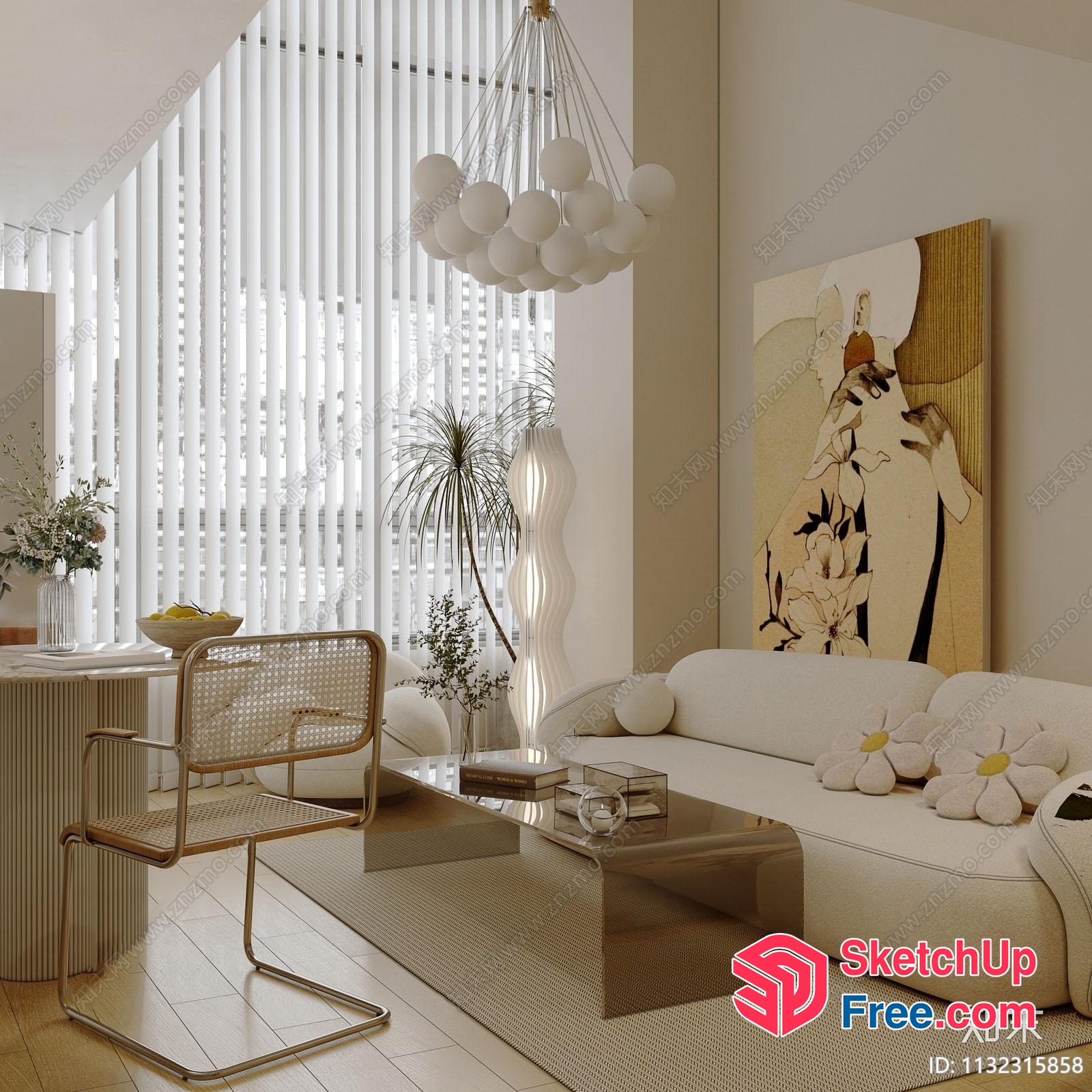 Minimalist European Style Living Room With Creamy Sofa And Pillows 3D SketchUp File