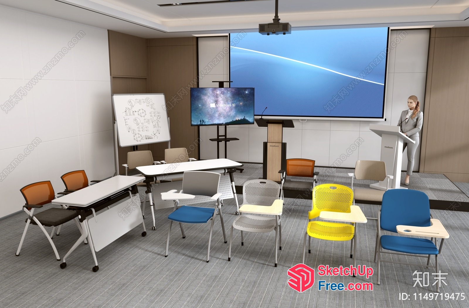 Modern Conference Room Interior With Projector And Whiteboard 3D SketchUp File