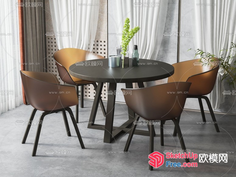 Modern Dining Room With Round Table And Brown Chairs 3D SketchUp File