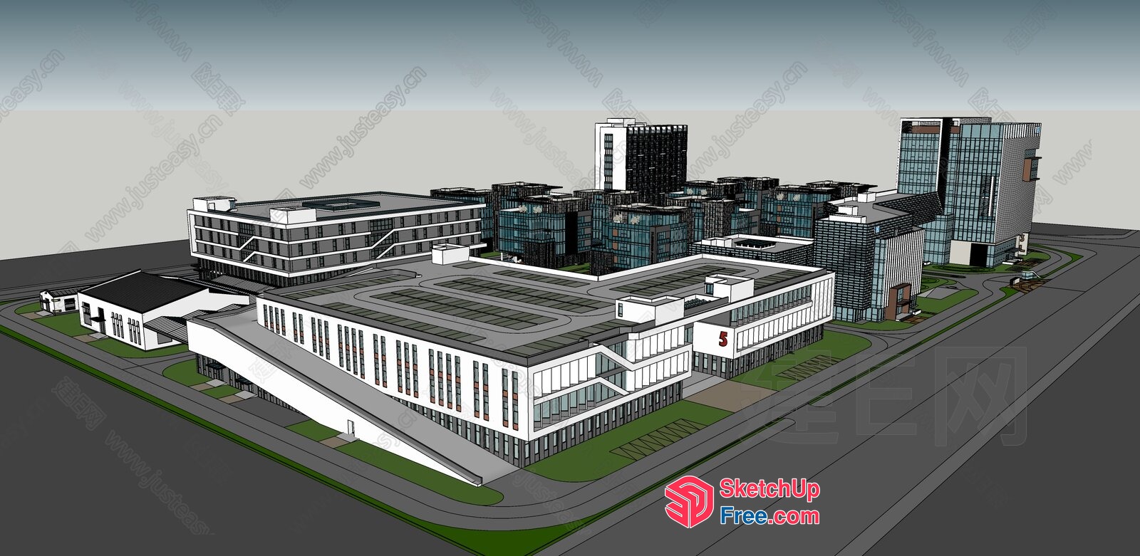 Modern Office Building With Glass Curtain Wall 3D SketchUp File